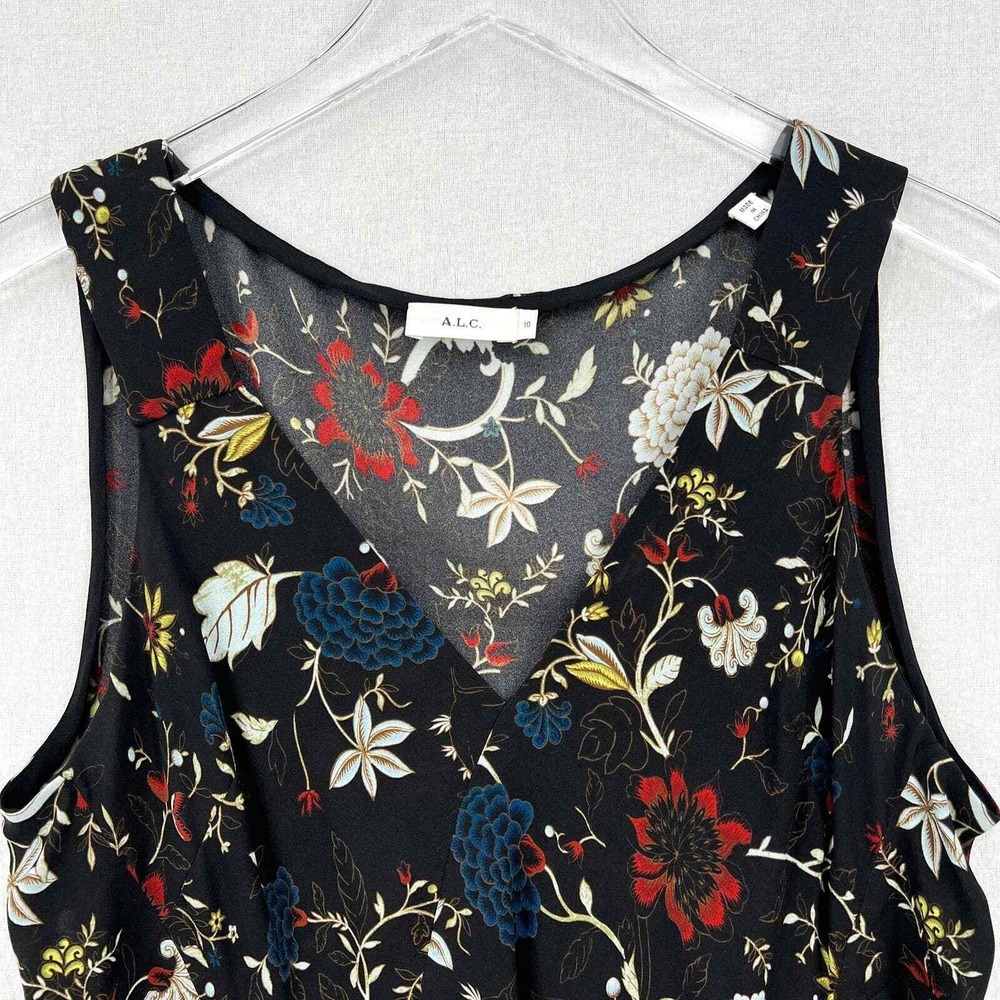 A.L.C. Purcell Floral Tank Top 10 Black Silk V Neck Sleeveless Ruffle Blouse - Picture 6 of 15